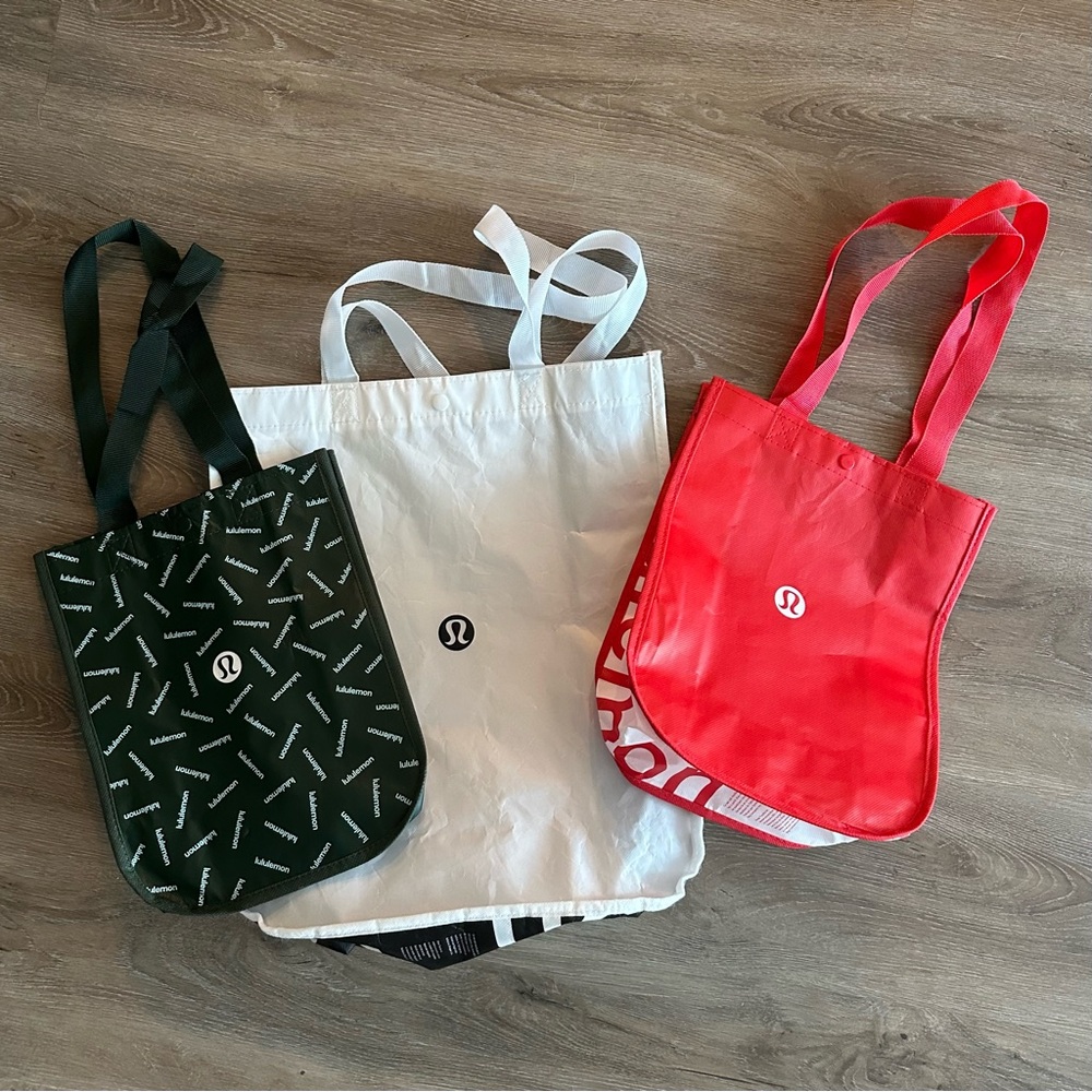 Lululemon Reusable Shopping Tote Bags Red, White, Green Logo Lot of 3